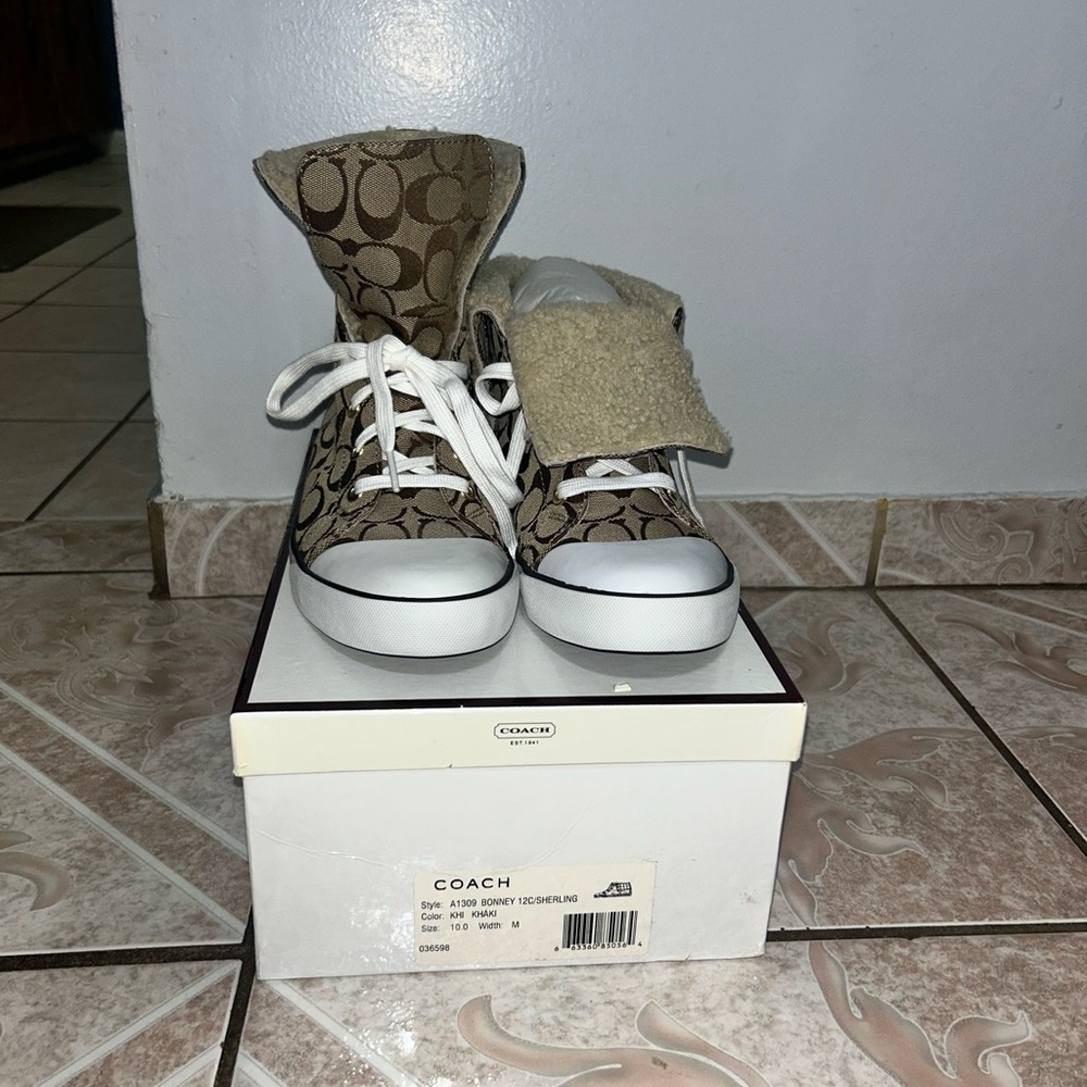 Coach Tan and White High-Top Sneakers
